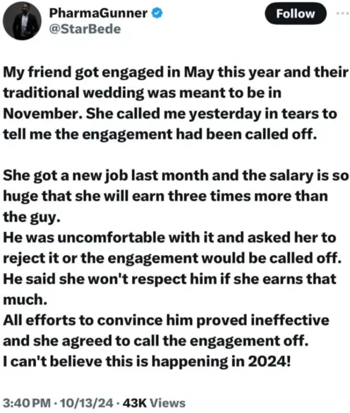 Man calls off engagement over fiancee's refusal to reject high salary job