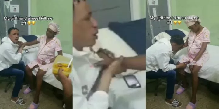 Lady shocks social media as she holds onto boyfriend's shirt in labor room, won't let go