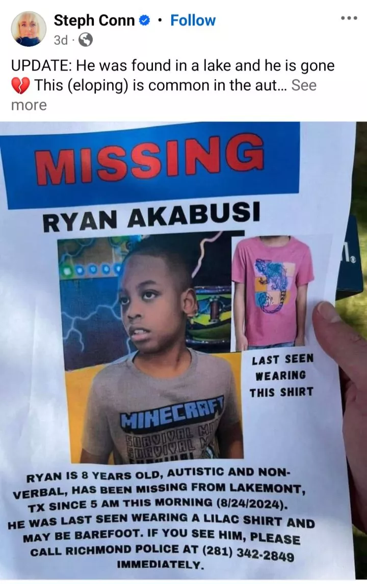 Body of missing Nigerian boy, 8, found in Texas lake