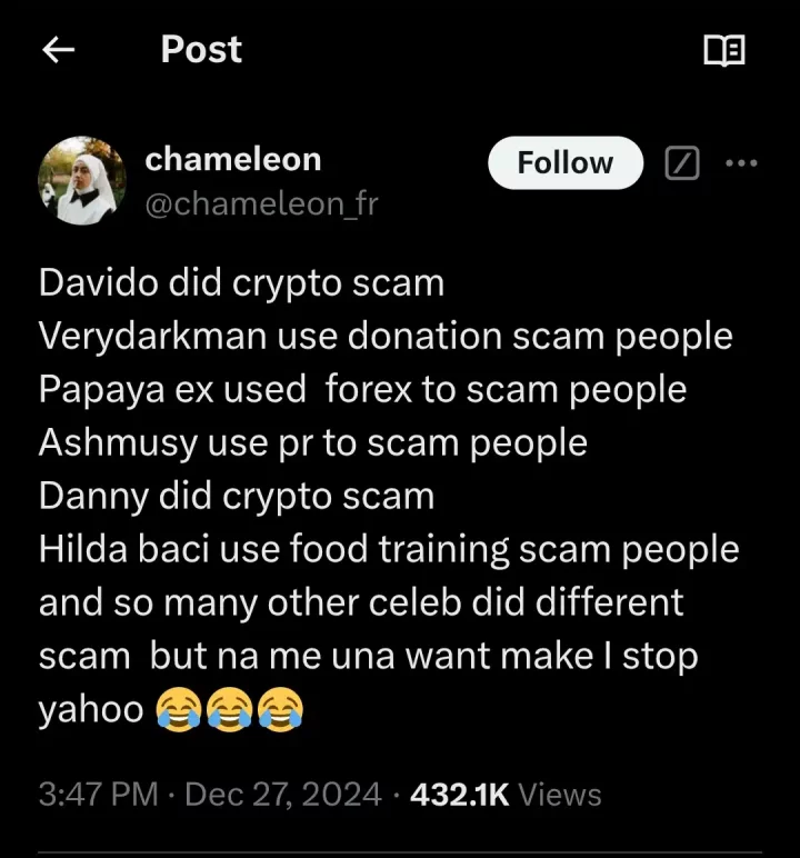 Man vows to continue yahoo, cites davido, verydarkman, and other celebrities' alleged scams