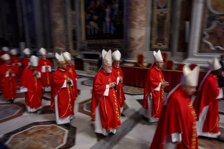 Cardinals attend the sixth Novemdiales mass held for the late Pope Francis in St Peter's Basilica on 1 May
