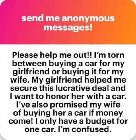 'Who should I give? - Man cries out over whom to gift a car between his wife and girlfriend, who helped him