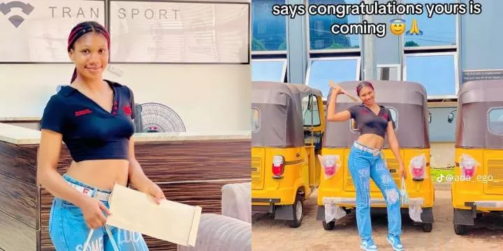 "3 Keke at once, God did" - Nigerian lady purchases 3 brand new tricycles at once, registers them for transport business