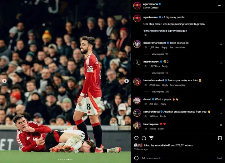 Mason Mount laughs at Manuel Ugarte after Man United beat Fulham