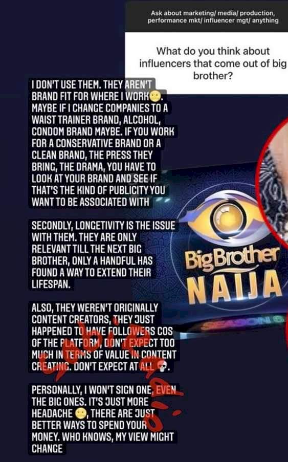 BBNaija housemates are waste of money when it comes to brand influence - Marketing expert lists reasons