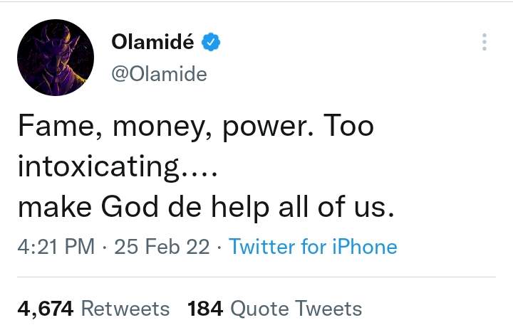 'Money, power and fame too intoxicating' - Olamide says
