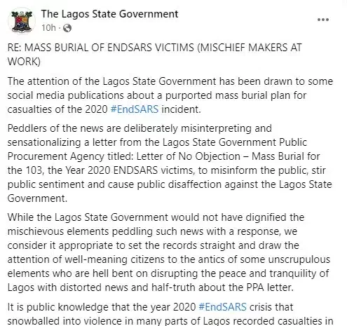 'Casualties not from Lekki' - Lagos State Gov. clarifies mass burial of EndSARs victims