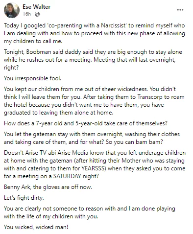 Irresponsible fool - Writer Ese Walter calls out her ex-husband and Arise News anchor, Benny Ark, for allegedly leaving their kids home alone with a gate man