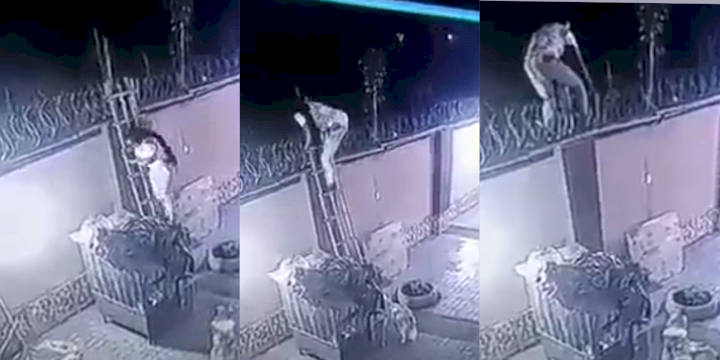 Man in pain as he watches CCTV footage of wife scaling the fence at night to see other men (Video)