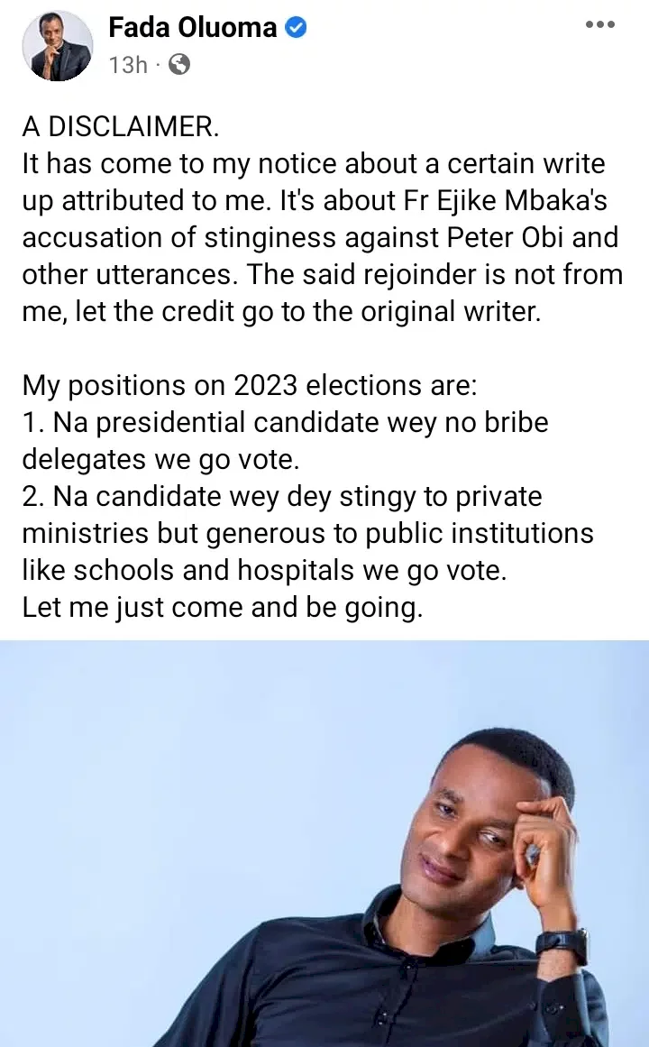 'Na candidate wey dey stingy to private ministries we go vote' - Rev. Fr. Oluoma tackles Fr. Mbaka after he called Peter Obi stingy