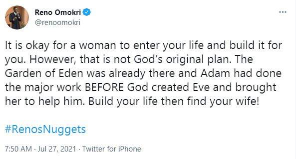 'God didn't plan for a woman to enter into your life and build it for you' - Reno Omokri tells men