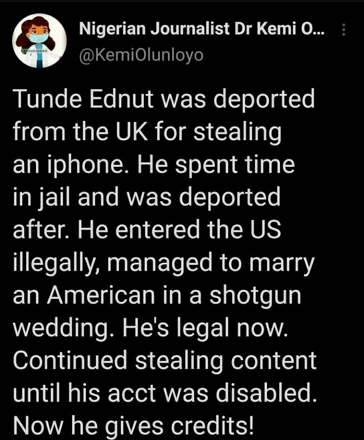 Kemi Olunloyo reveals how Tunde Ednut was jailed, deported from UK for stealing an iPhone