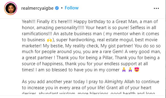 'Thank you for being a source of happiness' - Mercy Aigbe celebrates birthday of married lover following claims of secret marriage