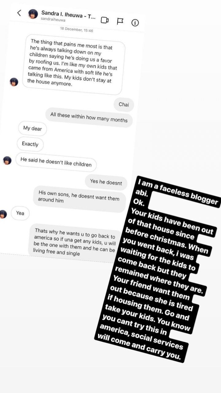 Leaked chat of Sandra Iheuwa lamenting on how husband kicked out Ubi Franklin's child from his house surfaces