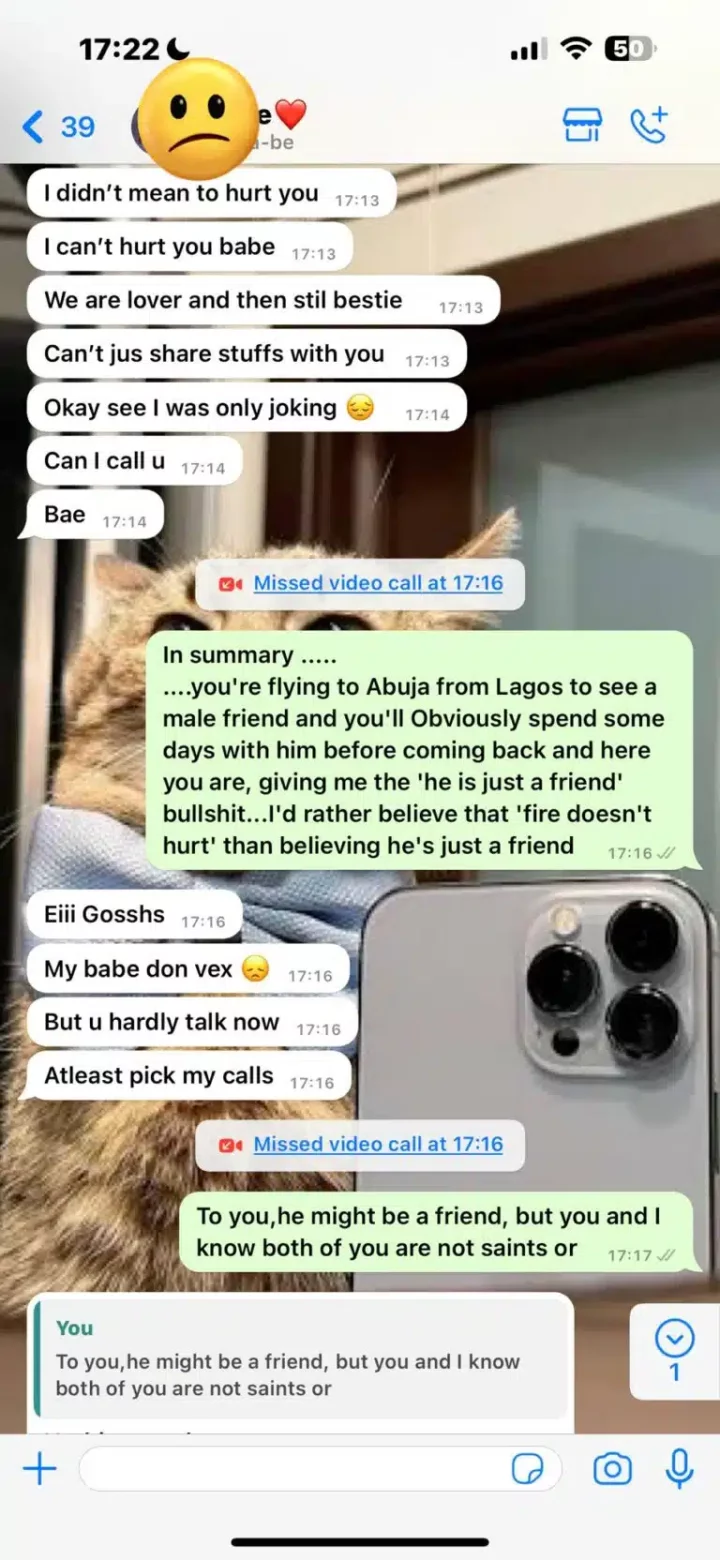 'Relationship is not for me' - Man laments as his girlfriend begs for permission to go spend time with Abuja guy