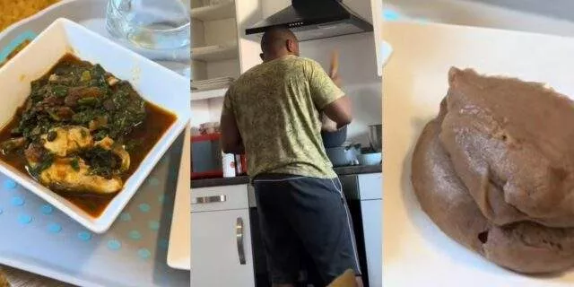 "Which site did you order him from?" - Netizens salivate as man displays culinary skills, makes Amala, vegetable soup for wife