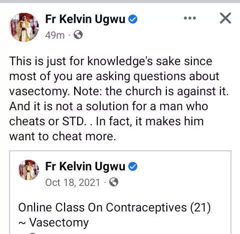 Vasectomy is not a solution for a man who cheats - Nigerian Catholic priest, Fr. Kelvin Ugwu, says