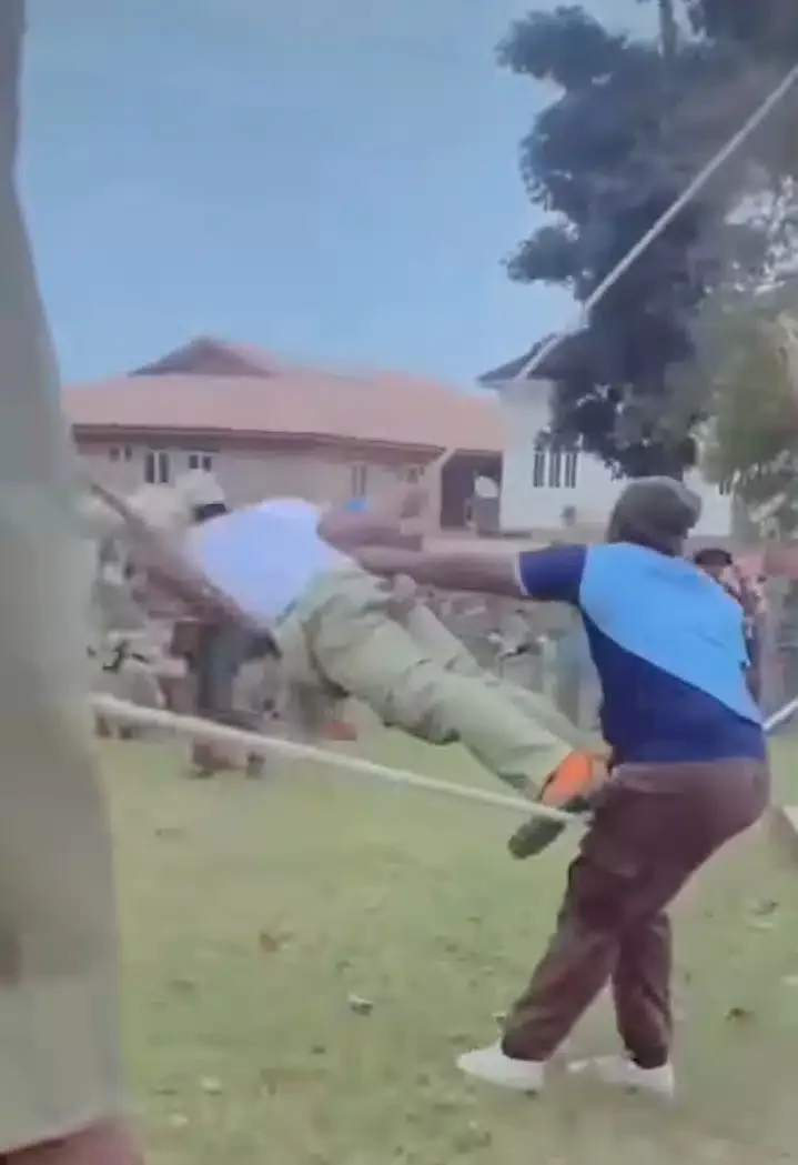 'See person serious boyfriend' - Watch moment corper struggles to maintain balance during Man O' War drill (Video)