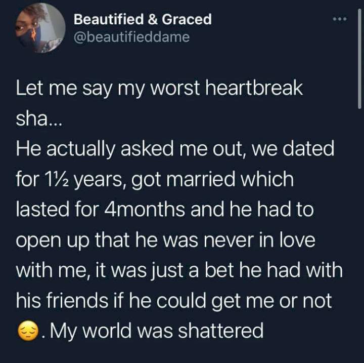 Lady recounts how her ex-husband opened up on not being in love with her but only married her over a bet