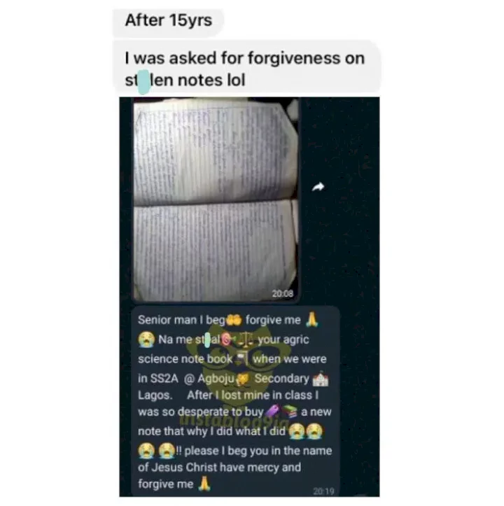 After 15 years, man contacts former classmate to beg forgiveness for stealing his Agric note