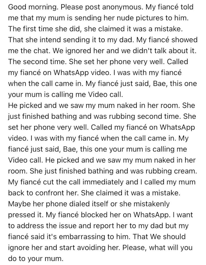'My mother is sending nude photos to my fiance' - Lady seeks advice