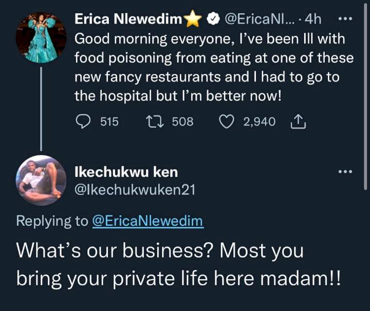 Hospitalized Erica Nlewedim slams troll who ridiculed her health condition