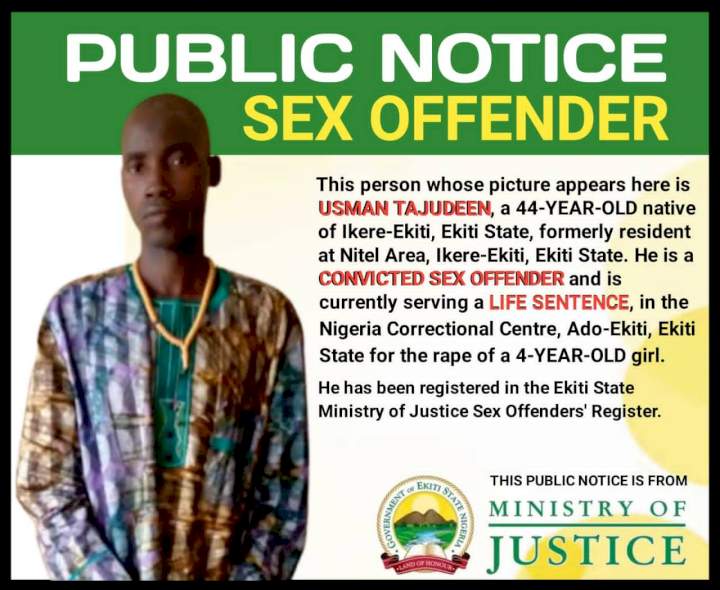 Man sentenced to life imprisonment for raping 4-year-old girl. Listed in Ekiti sex offenders' register