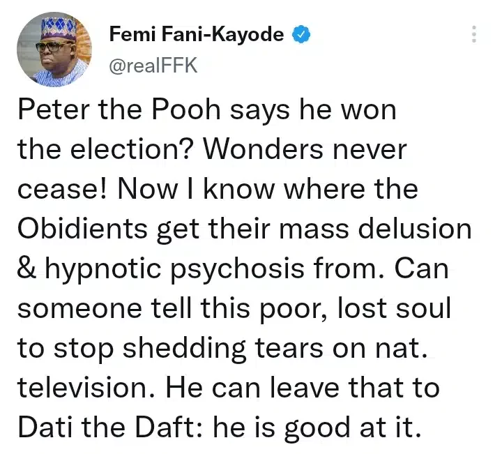 'Can someone tell this poor, lost soul to stop shedding tears' - FFK blasts Peter Obi, Yusuf Datti following press statement