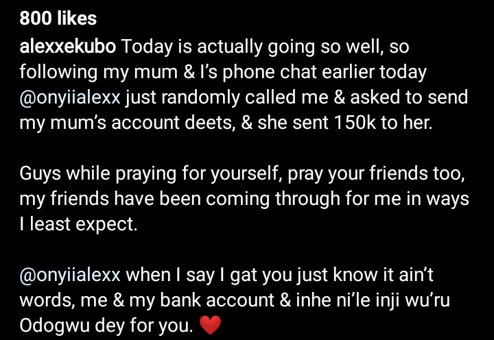 'Person Wey Get You Get Person' - Onyii Alex Praises Alexx Ekubo; Sends 150k To His Mum