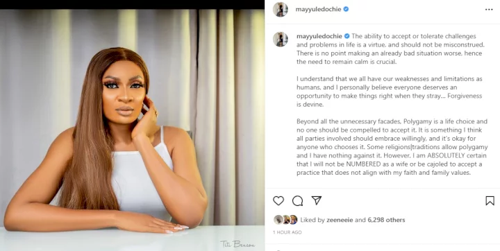 Polygamy: I will not be numbed or cajoled to accept what does not align with my faith or family values- May, first wife of actor Yul Edochie, speaks