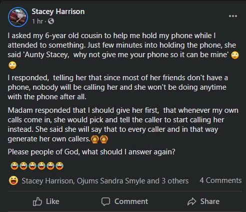 Lady shares hilarious response she got from 6-year-old cousin who requested to own her phone