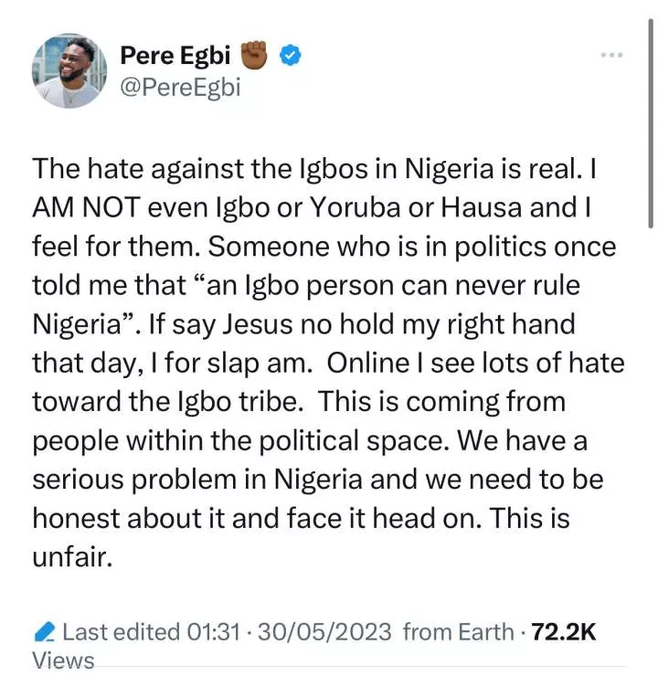 The hate towards the Igbos in Nigeria is real. I feel for them - Reality TV star, Pere, writes