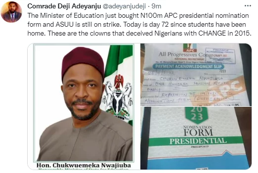 Activist Deji Adeyanju reacts as Minister of State for Education reportedly picks up N100m APC Presidential nomination form