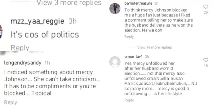 Mercy Johnson unfollows Destiny Etiko, Nuella Njubigbo, others over alleged political issues