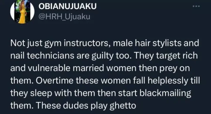 Lady makes shocking revelation about gym instructors, male nail tech and married women