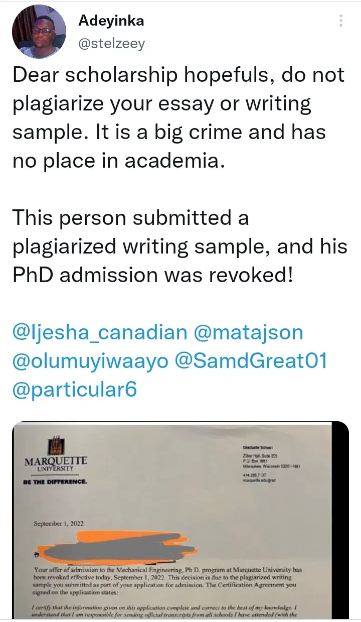 'Him village people don work overtime' - Reactions as abroad university withdraws students PhD scholarship over plagiarism