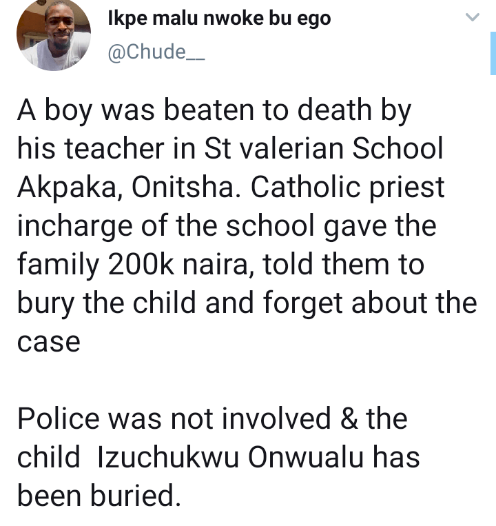 Catholic school allegedly bribes parents of student who died after being maltreated by his teacher; buries him afterwards