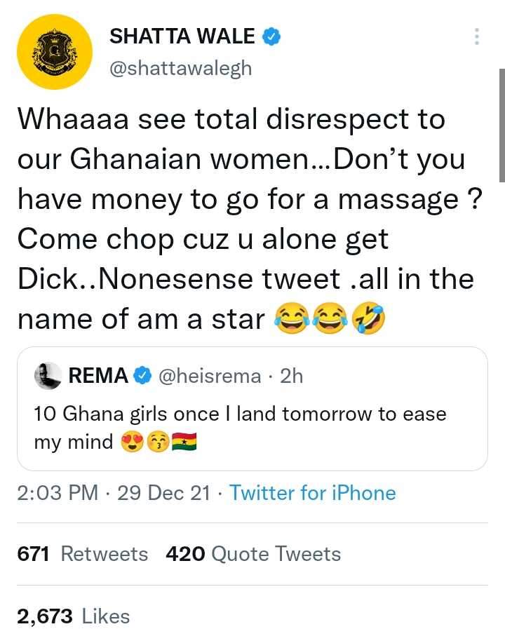 Shatta Wale Blasts Rema for 'spitting on the dignity of Ghanaians'