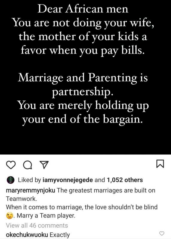 'You're not doing the mother of your kids a favor when you pay bills' - Mary Njoku