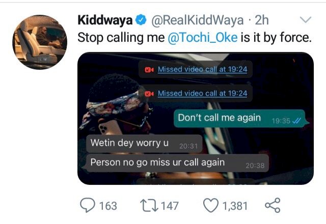 Kiddwaya drags BBNaija star, Tochi never to call his line on WhatsApp again
