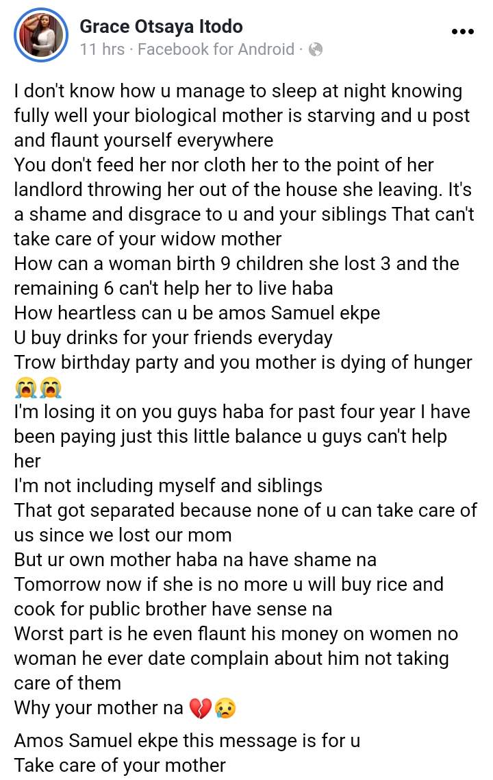 'You buy drinks, throw parties and your mother is dying of hunger' - Lady calls out Benue big boy living a 'fake life', neglecting his mother