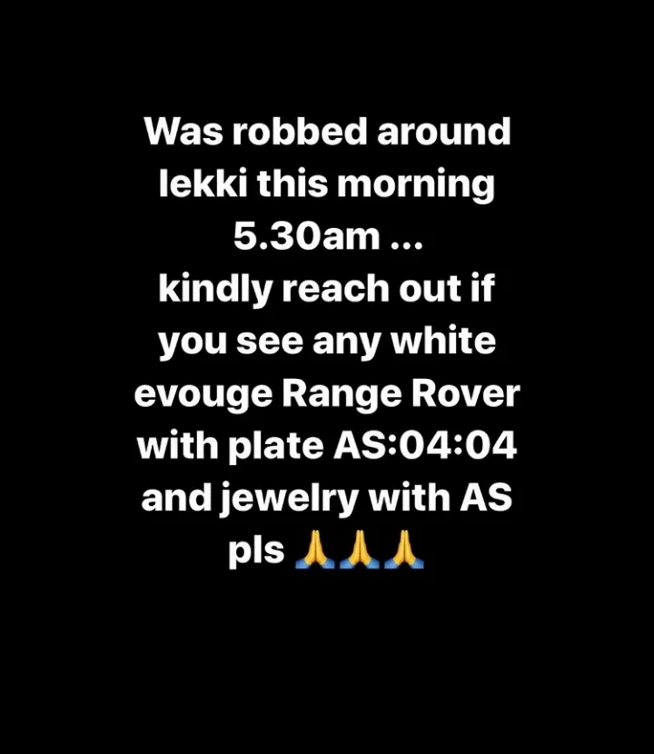 'My Range Rover Evouge is stolen' - Alesh Sanni calls for help following robbery attack at Lekki