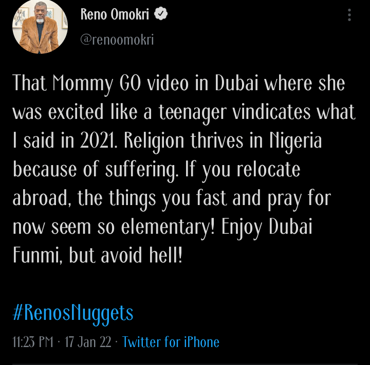 'Religion thrives in Nigeria because of suffering' - Reno Omokri reacts to video of Mummy G.O chilling in Dubai hotel