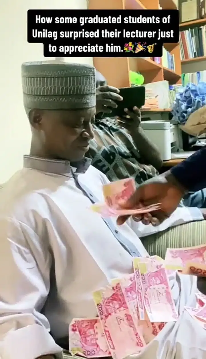 Graduated UNILAG students storm their lecturer's office with surprise gifts just to appreciate him (Video)