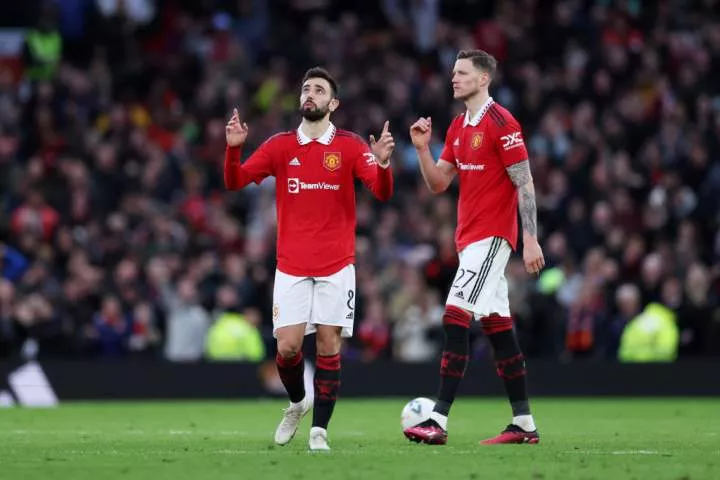 Manchester United players celebrate in the FA Cup