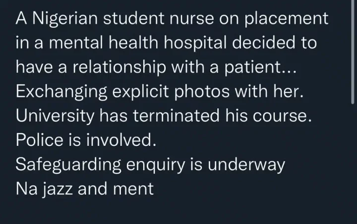 Nigerian male student nurse engages in relationship with mental patient