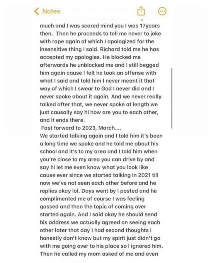'Richard asked me to come to his place when I was 17 years old' - Lady involved in rape saga shares side of story