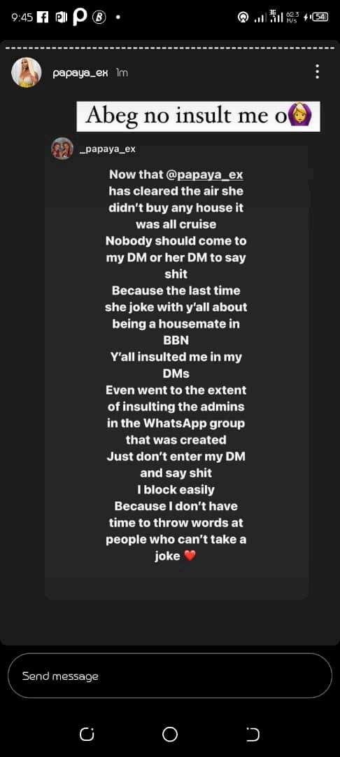 Influencer, Papaya reacts after being called out for flaunting and claiming someone else's house
