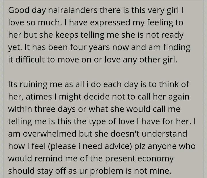 'Love is ruining my life' - Man laments after 4 years of wooing a girl