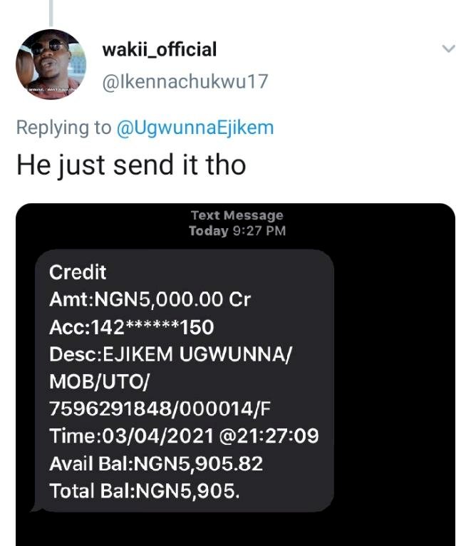 Man who was insulted and given N5k for being a “nuisance”, shows off his current account balance